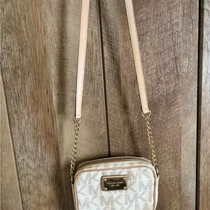 Michael Kors Cream and Pink MK Signature Crossbody Bag